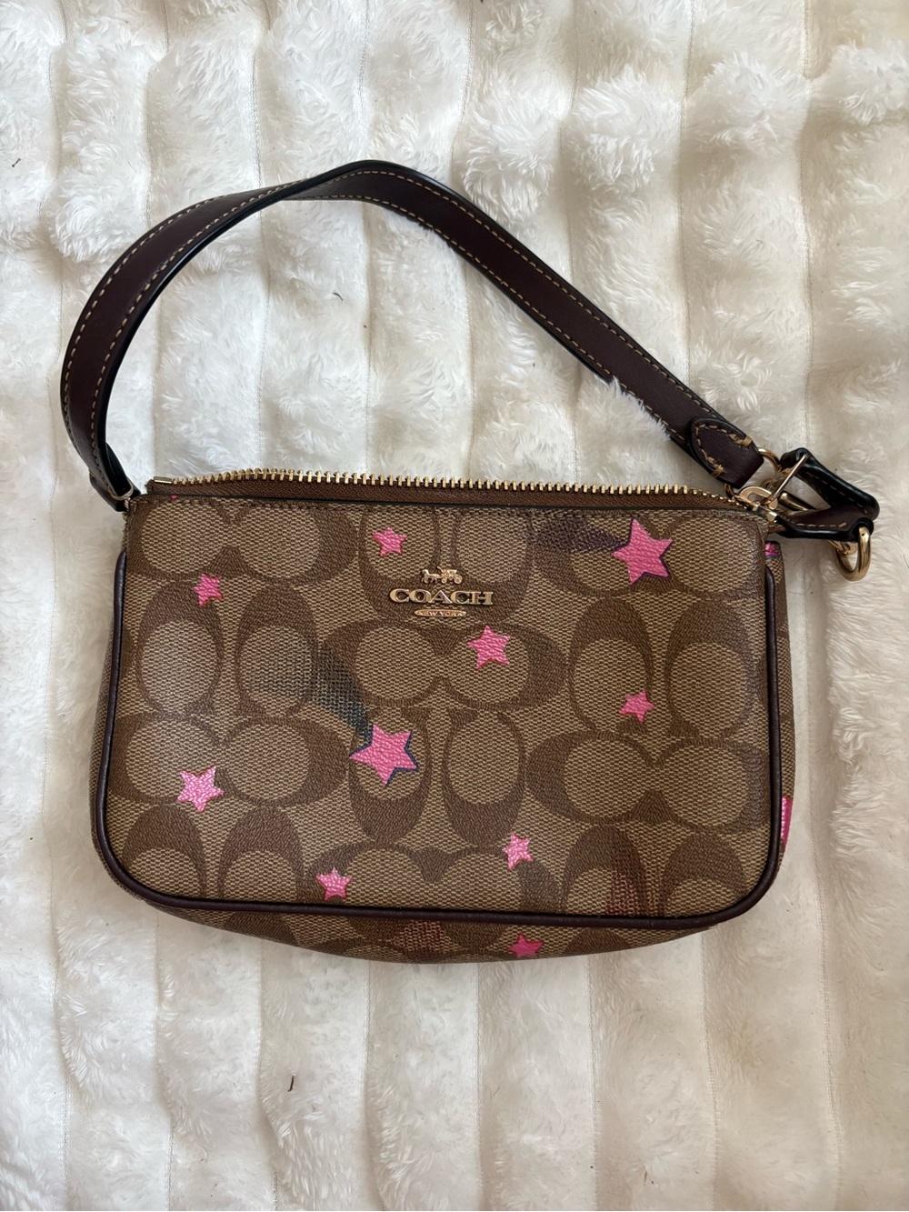 Coach Brown Signature Canvas Wristlet with Pink Star Accents